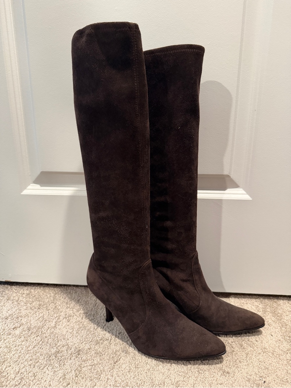 Stuart Weitzman Tall Pointed-Toe Suede Boots — Dark Brown
